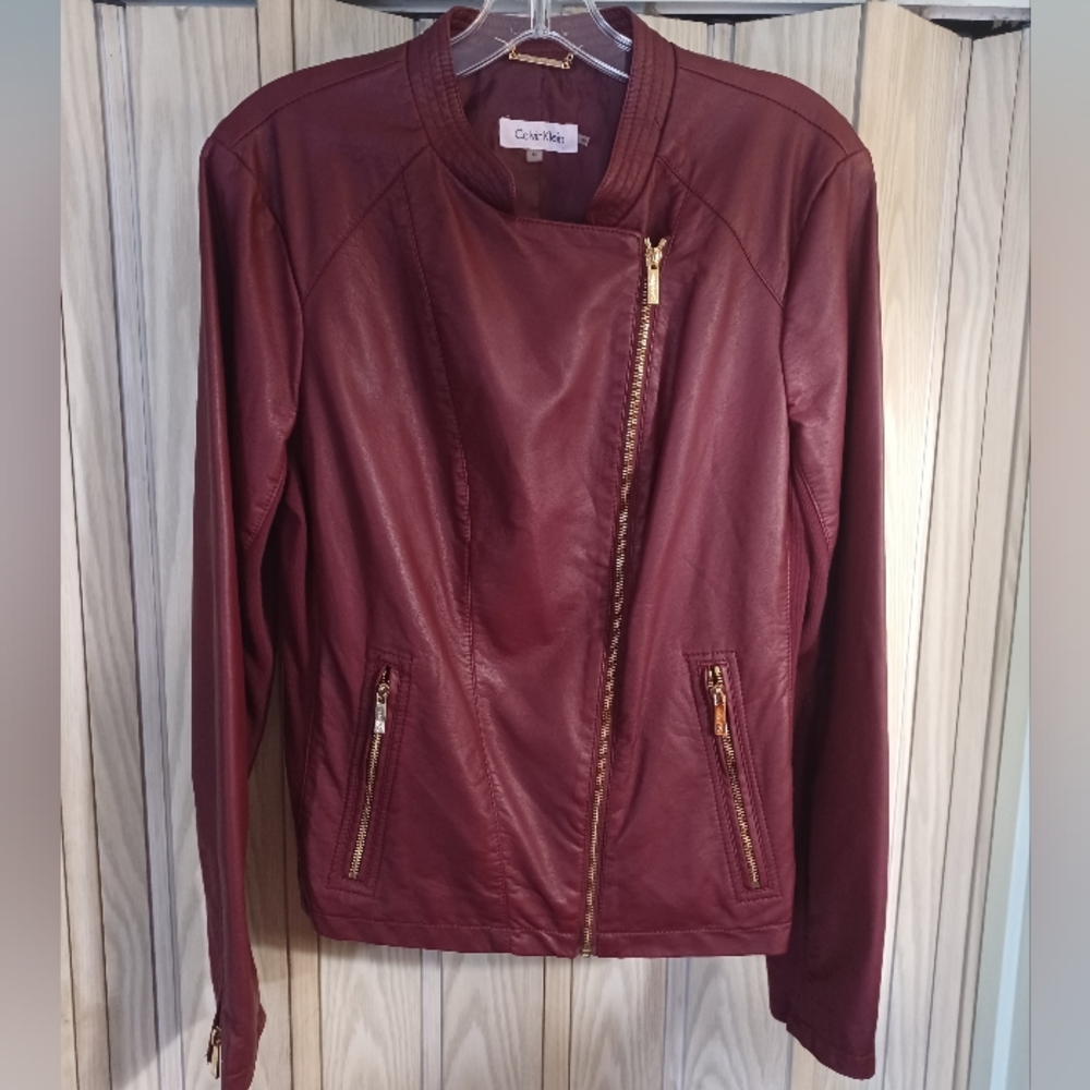 Women’s Calvin Klein Vegan Leather Moto Zip Jacket Burgundy Size M gold hardware